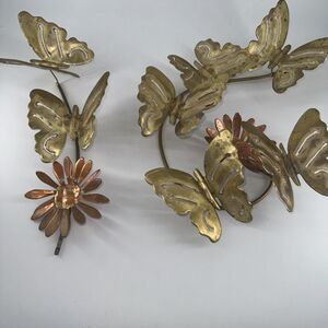 Vintage Brass & Copper Butterfly & Daisy 2 Pc Wall Art Mid-Century Decor 17” MCM